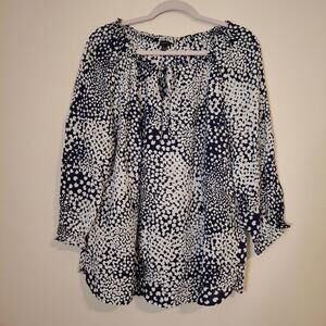 Talbots Size‎ Large Abstract Clover Blue White Peasant Blouse 3/4 Sleeve Top